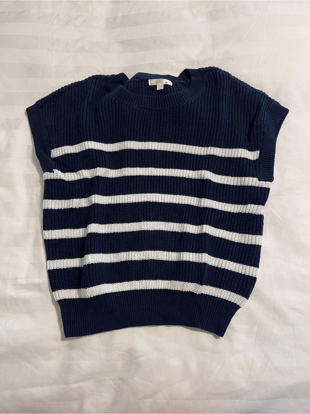 Striped Knit Cap-Sleeve Sweater - Navy & White